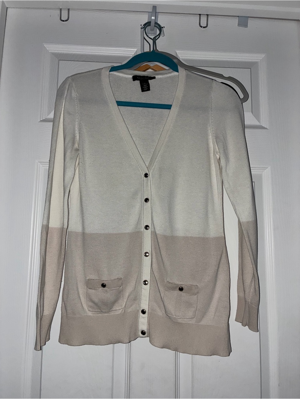 White House Black Market Two-Tone Cream and Beige V-Neck Cardigan
